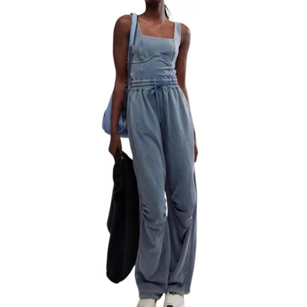 Free People FP Movement XL Inbound Stretch Cotton Jumpsuit Skyline Misty Blue